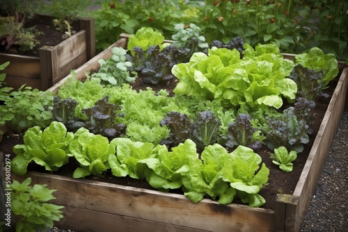 ripe vegetables and green salad grow on beds in the garden