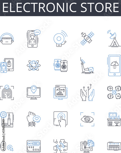 Electronic store line icons collection. Gadget shop, Tech store, Device retailer, Digital emporium, Computer mart, Multimedia outlet, Audiovisual depot vector and linear illustration. Electronic