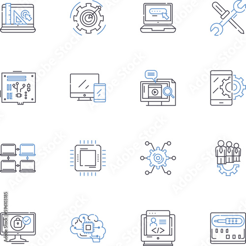 Machine language line icons collection. Algorithm, Binary, Code, Compiler, CPU, Debugging, Encoding vector and linear illustration. Kernel,Logic,Microprocessor outline signs set