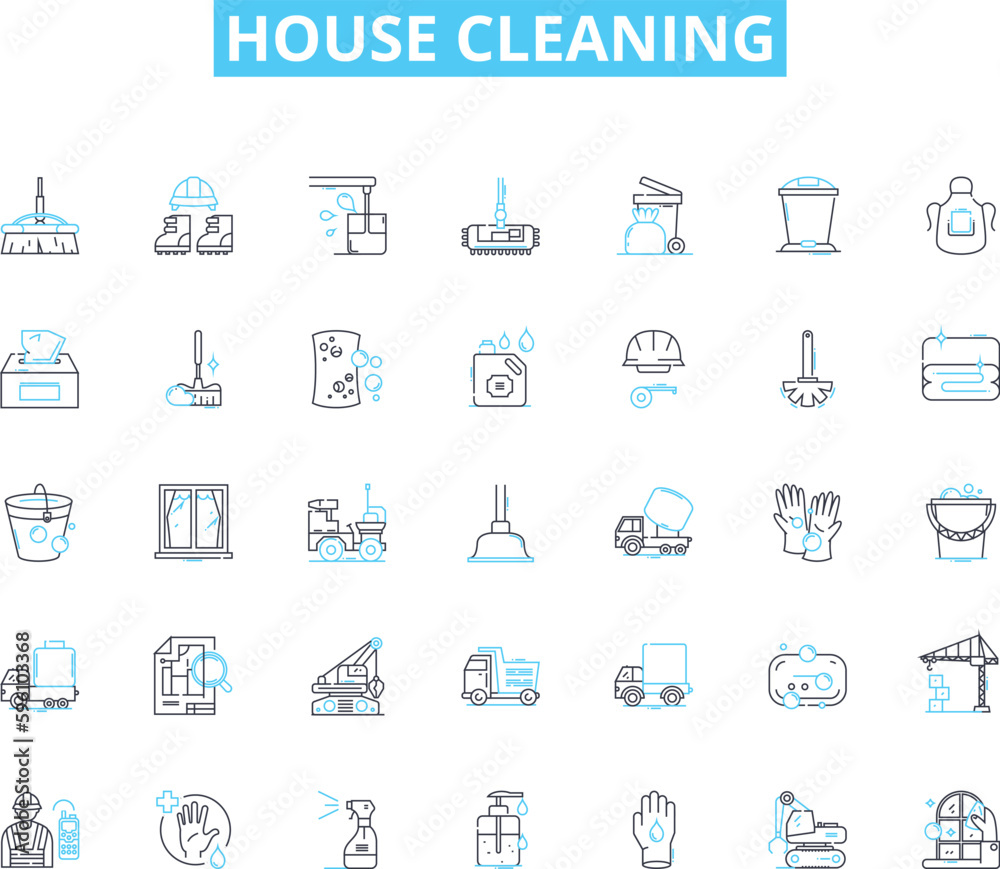 House cleaning linear icons set. Sweep, Mop, Vacuum, Dust, Scrub, Sanitize, Tidy line vector and concept signs. Polish,Disinfect,Wipe outline illustrations House cleaning linear icons set. Sweep, Mop, Vacuum, Dust, Scrub, Sanitize, Tidy line vector and concept signs. Polish,Disinfect,Wipe outline illustrations