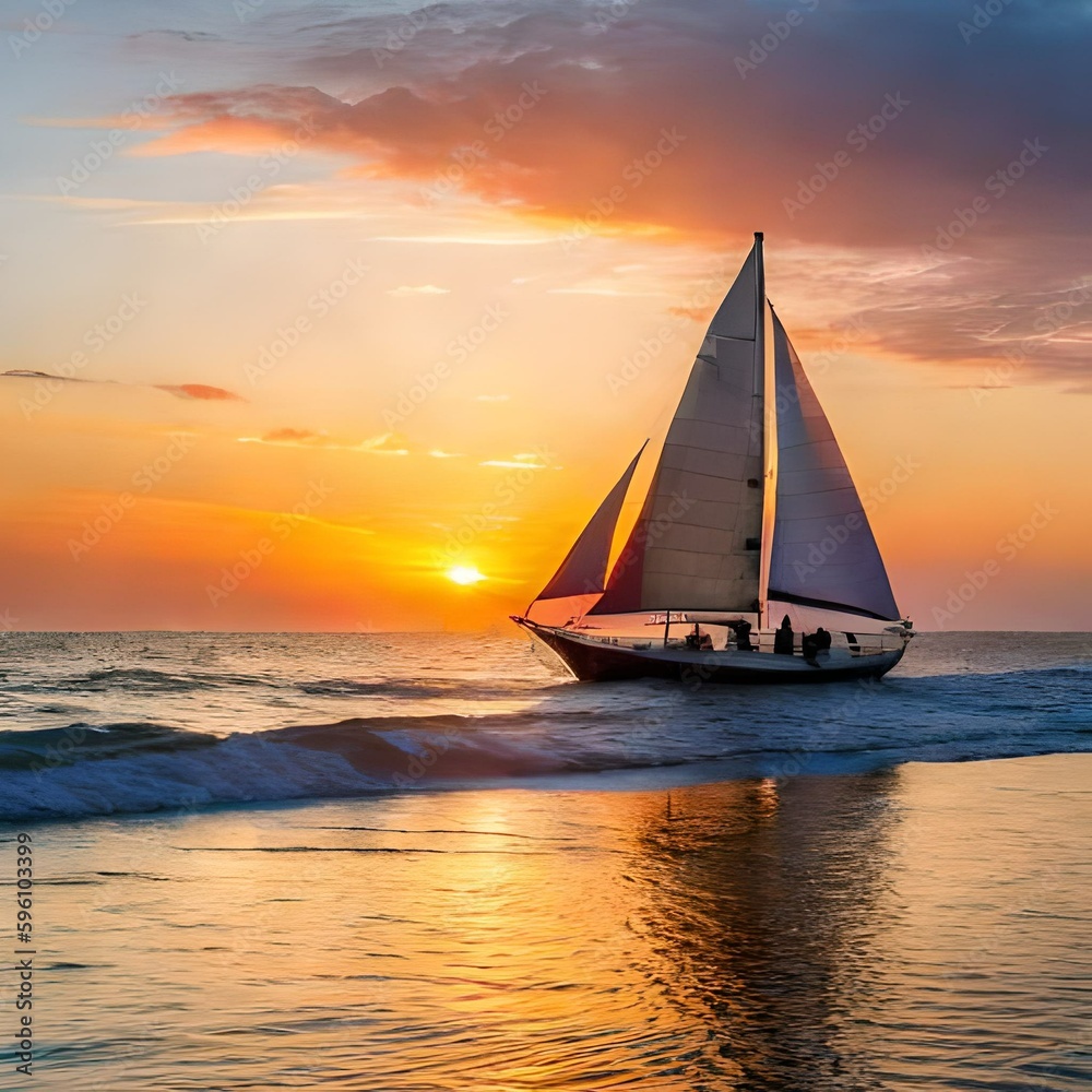 Imagine a beautiful sunset over the ocean, with vibrant shades of orange, pink, and purple filling the sky. In the foreground, there's a lone sailboat gently gliding across the water, its sails reflec