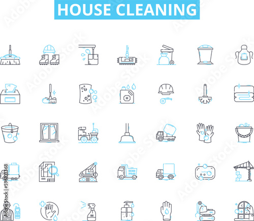 House cleaning linear icons set. Sweep, Mop, Vacuum, Dust, Scrub, Sanitize, Tidy line vector and concept signs. Polish,Disinfect,Wipe outline illustrations