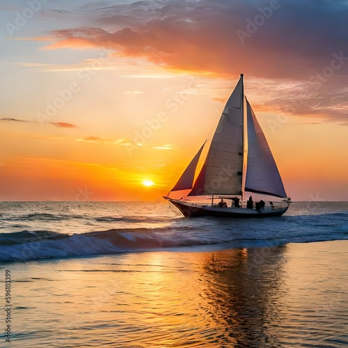Imagine a beautiful sunset over the ocean, with vibrant shades of orange, pink, and purple filling the sky. In the foreground, there's a lone sailboat gently gliding across the water, its sails reflec