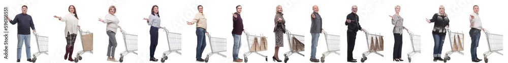 group of people with shopping cart on white group of people with shopping cart on white