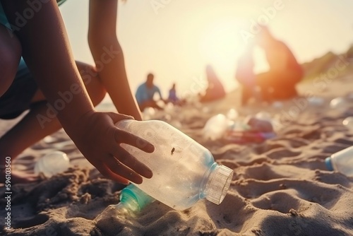 Volunteering People Picking up Plastic Bottles on the Beach. Generative ai
