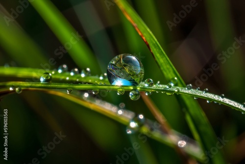 many water drops on green stalks of a meadow created with Generative AI technology