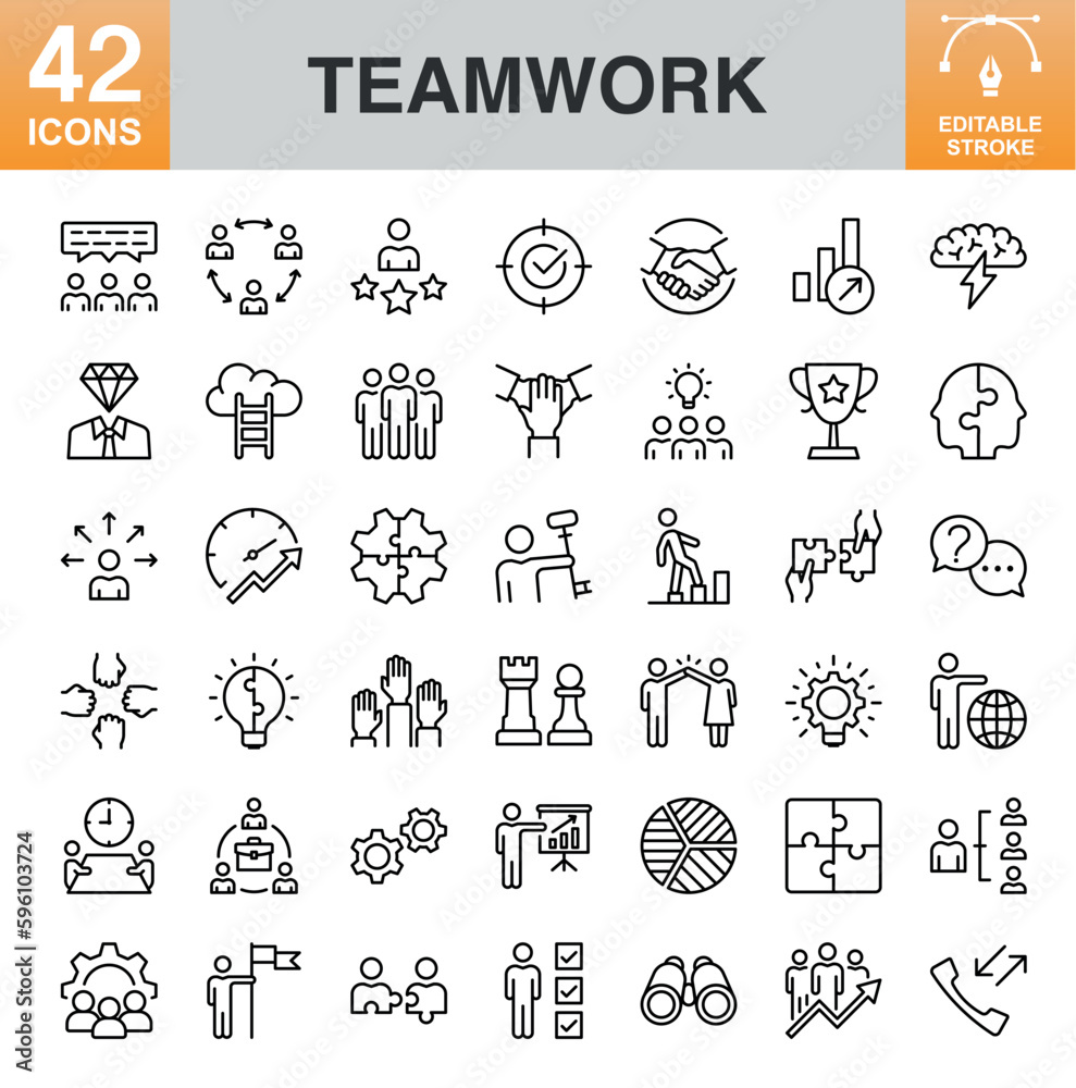 Teamwork line icon set. Editable stroke. Pixel perfect.