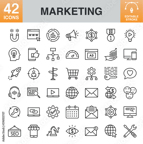 Marketing line icon set. Editable stroke. Pixel perfect.