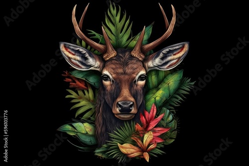 majestic deers head surrounded by a colorful array of leaves and flowers. Generative AI © 2rogan