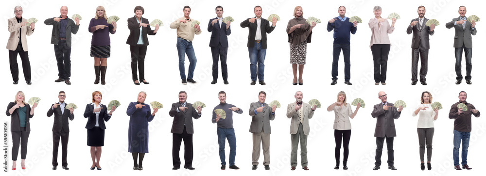 group of successful business people with money isolated