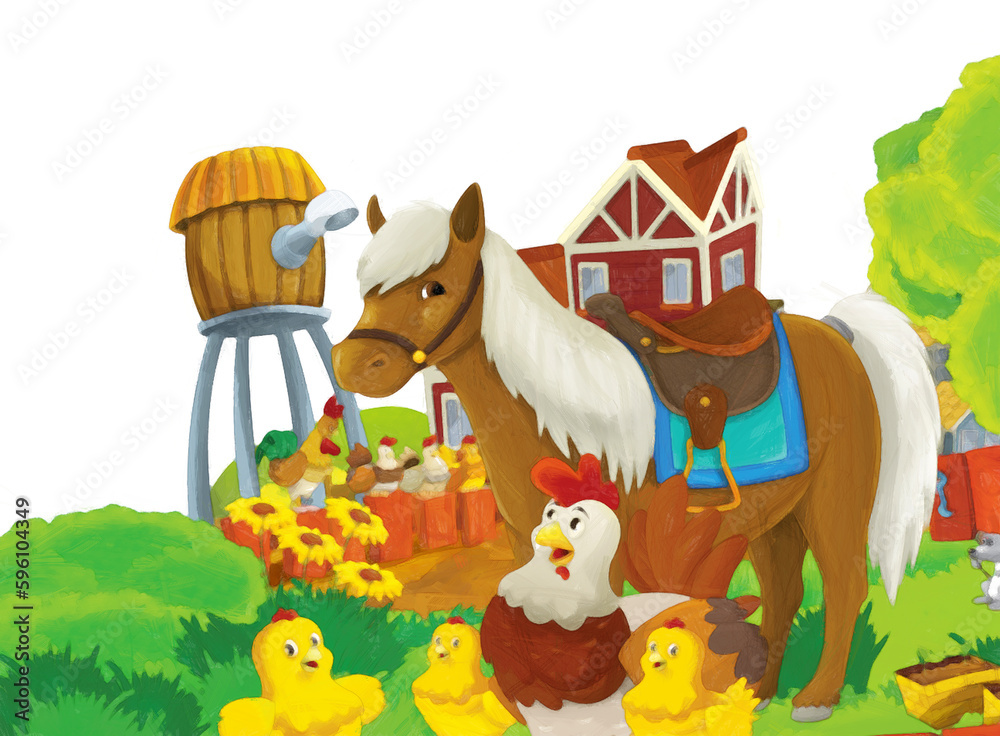 Naklejka premium Cartoon farm scene with animal chicken bird having fun on white background with space for text - illustration for children artistic painting scene