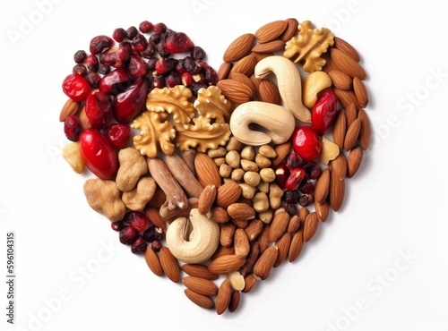 Healthy nuts in the shape of a heart. AI generative illustrations