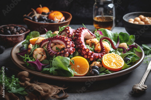 Baby Octopus Salad on a rustic background. AI Generative Illustrations