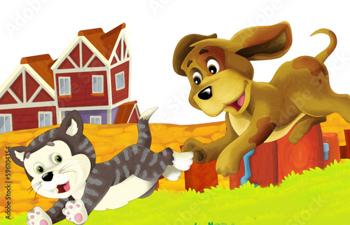 cartoon scene with cat having fun on the farm on white background - illustration for children artistic painting scene