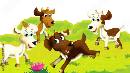 Cartoon farm scene with animal goat having fun on white background - illustration for children artistic painting scene