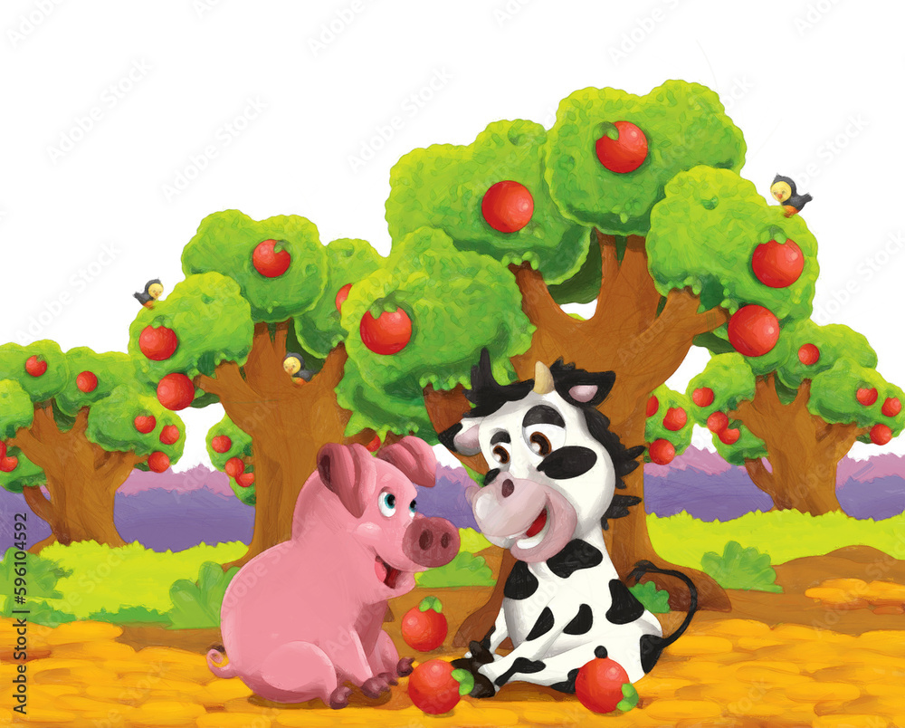 cartoon scene with pig and cow on a farm having fun on white background - illustration for children artistic style painting