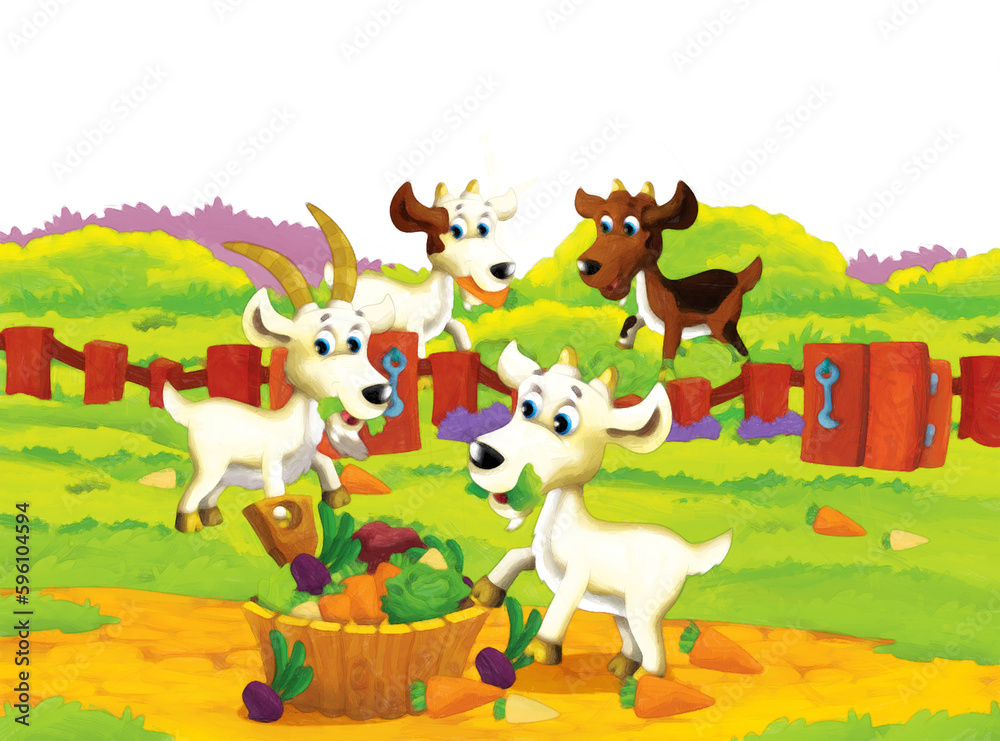 Cartoon farm scene with animal goat having fun on white background - illustration for children artistic style painting Cartoon farm scene with animal goat having fun on white background - illustration for children artistic style painting