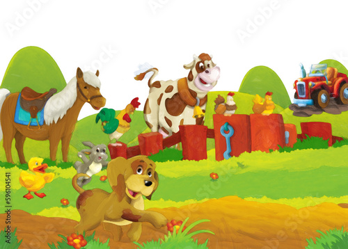 Fototapeta Naklejka Na Ścianę i Meble -  cartoon scene with dog having fun on the farm on white background - illustration for children artistic painting scene