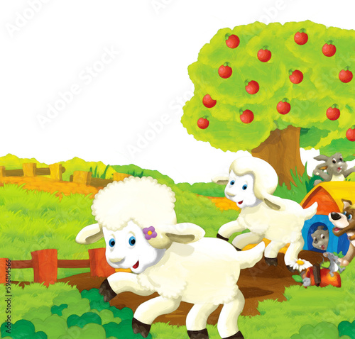Fototapeta Naklejka Na Ścianę i Meble -  cartoon scene with sheep having fun on the farm on white background - illustration for children artistic painting scene