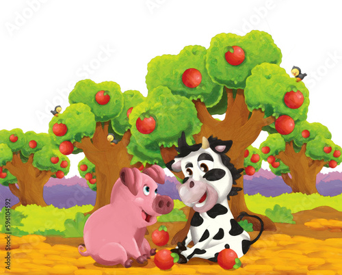 Fototapeta Naklejka Na Ścianę i Meble -  cartoon scene with pig and cow on a farm having fun on white background - illustration for children artistic style painting