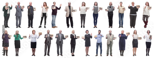 group of happy people with gifts in their hands isolated