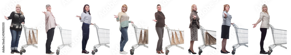 group of people with shopping cart on white
