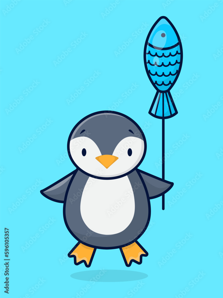 Cartoon cute penguin with balloon fish. Childrens card, childrens poster. Cartoon cute penguin with balloon fish. Childrens card, childrens poster.