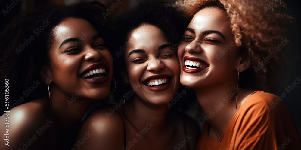 Cheerful and beautiful Afro girls laughing and posing together. Studio shot. Generative AI Cheerful and beautiful Afro girls laughing and posing together. Studio shot. Generative AI