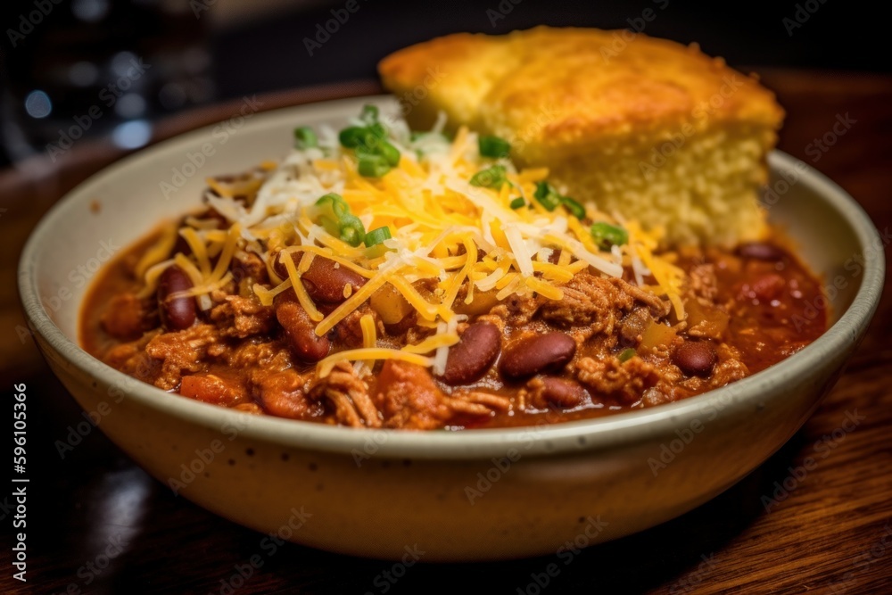 A hearty bowl of chili with tender pulled pork, kidney beans, and diced tomatoes. The chili is topped with shredded cheddar cheese and served with a side of cornbread.Generative AI.