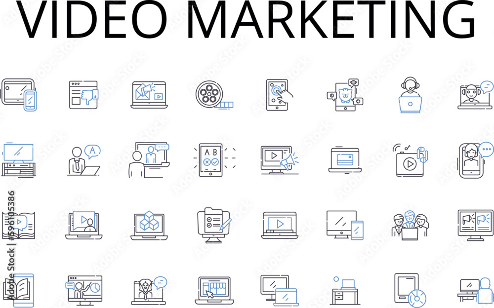 Video marketing line icons collection. Social media, Digital advertising, Virtual event, Email marketing, Search engine, Content creation, Online promotion vector and linear illustration. Graphic
