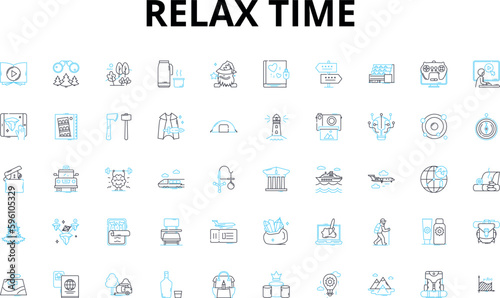 Relax time linear icons set. Serenity, Tranquility, Calmness, Bliss, Peacefulness, Repose, Chillaxing vector symbols and line concept signs. Comfort,Leisure,Composure illustration