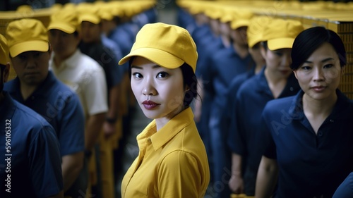 Asian woman posing with uniform of logistic warehouse among all the employees. Generative AI