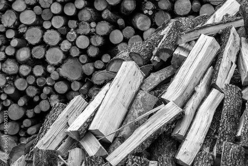 Black and white photo of the stacked logs