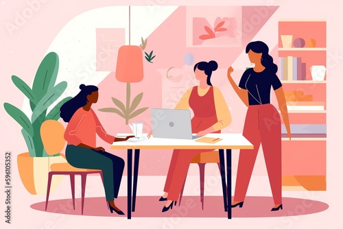 Flat design illustration of three women coworkers chatting in the office. Generative AI