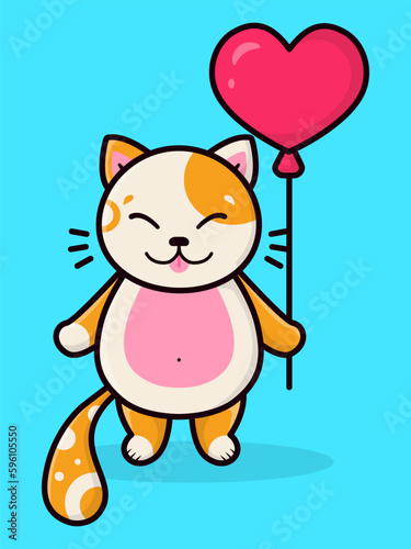 Cartoon cute ginger kitten with heart balloon. Childrens card, childrens poster.