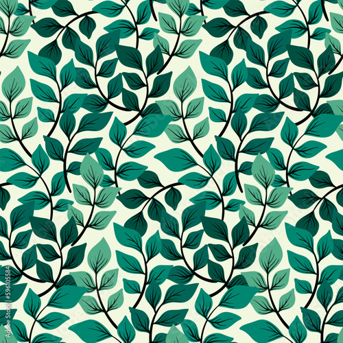 Seamless botanical pattern, hand drawn ornament: delicate mint green leaves on a white background. Surface graphic design, natural print with foliage, small leaves on branches. Vector illustration.