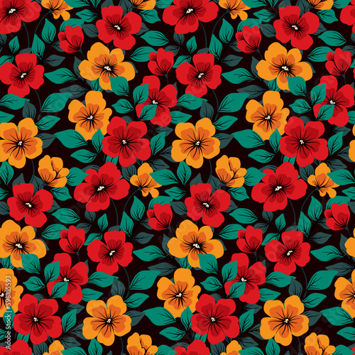 Seamless floral pattern, vintage ditsy print with hand drawn ornate garden. Artistic botanical design for fabric, paper with small red, yellow flowers, leaves on a dark background. Vector illustration