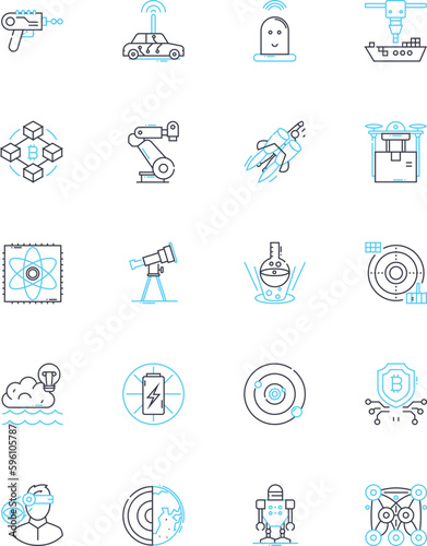 Automation science linear icons set. Robotics, Cybernetics, Mechatronics, Control, Sensors, Artificial intelligence, Biomechatronics line vector and concept signs. Nanorobotics,Nanotechnology