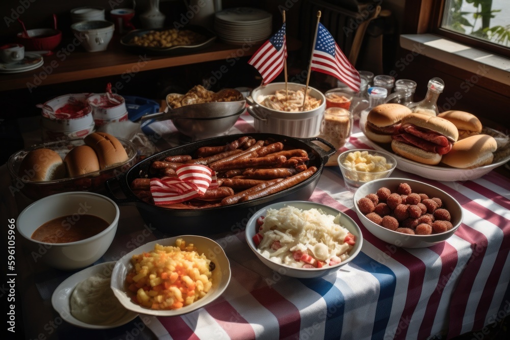 A barbecue ribboned with garlands of red, white and blue ribbon, hot dogs and hamburgers cooking on the grill, next to a bowl of potato salad garnished with a miniature U.S. flag. Generative AI.