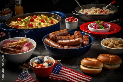 A barbecue ribboned with garlands of red  white and blue ribbon  hot dogs and hamburgers cooking on the grill  next to a bowl of potato salad garnished with a miniature U.S. flag. Generative AI.