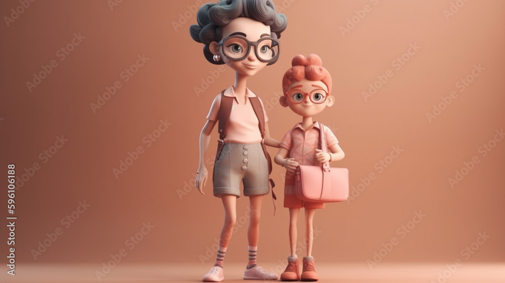 3D illustrated rendered cute miniature mother and child .Suitable for Mother's Day