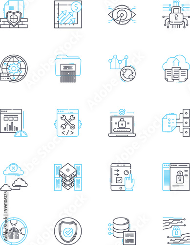 Nerk encryption linear icons set. Encryption, Security, Privacy, Cryptography, Protection, Cybersecurity, Algorithm line vector and concept signs. Decryption,Key,Secure outline illustrations