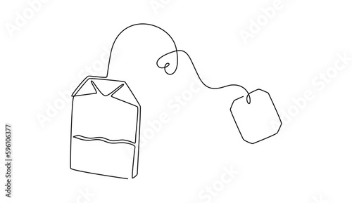 One continuous line drawing of paper tea bag. Hot herbal drink for morning routine and breakfast in simple linear style. Editable stroke. Doodle vector illustration