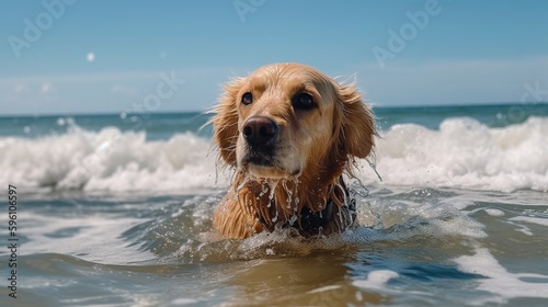 Dog close-up in sea waves. AI generated