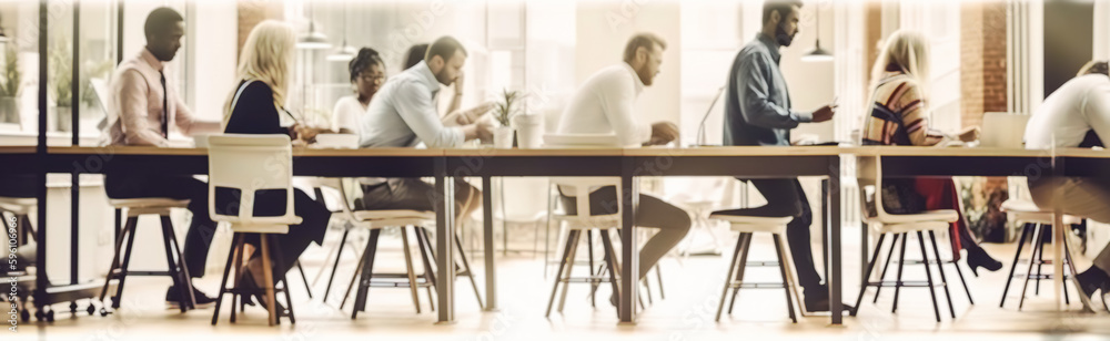 Blurred Group of young business people working and communicating together in creative office. Successful team. Horizontal banner