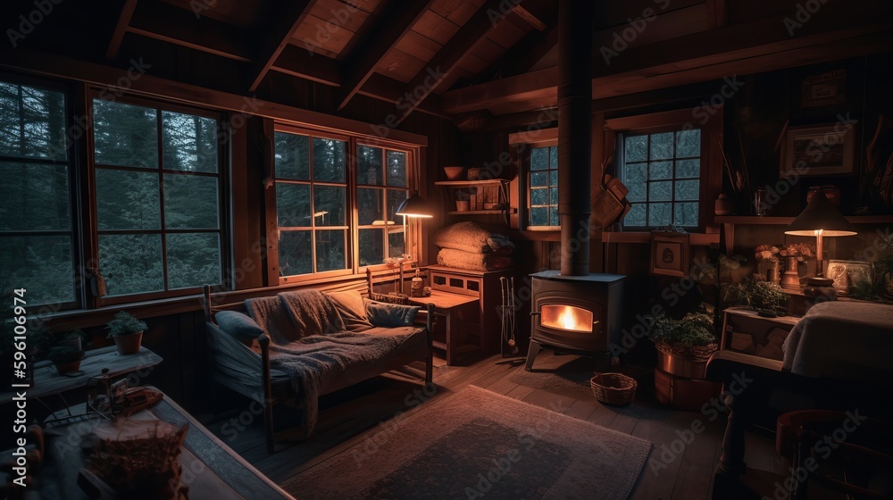 Vacationing in cozy wooden cabin with warm fire at night. AI generated