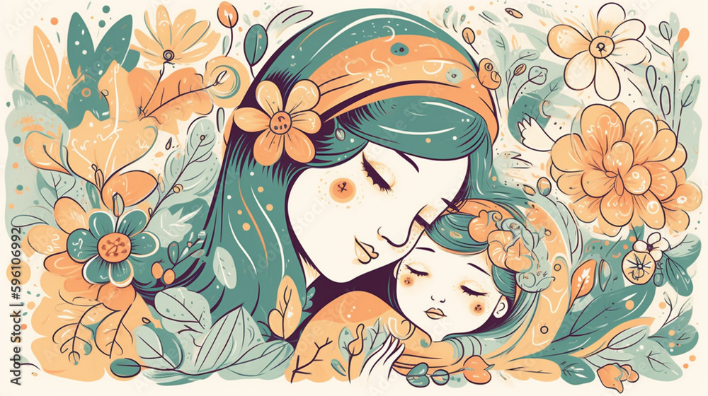 2d watercolor and hand drawn illustrated cute mother and child .Suitable for Mother's Day