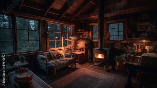 Vacationing in cozy wooden cabin with warm fire at night. AI generated