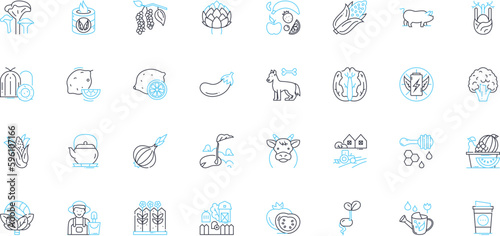 Agribusiness market linear icons set. Harvest, Irrigation, Fertilizer, Livestock, Agronomy, Produce, Pesticides line vector and concept signs. Sustainability,Cultivation,Seeds outline illustrations