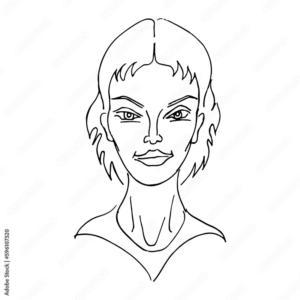 Vector face of woman. Young beautiful girl heads. Front portraits. Black line realistic sketch vintage illustration.